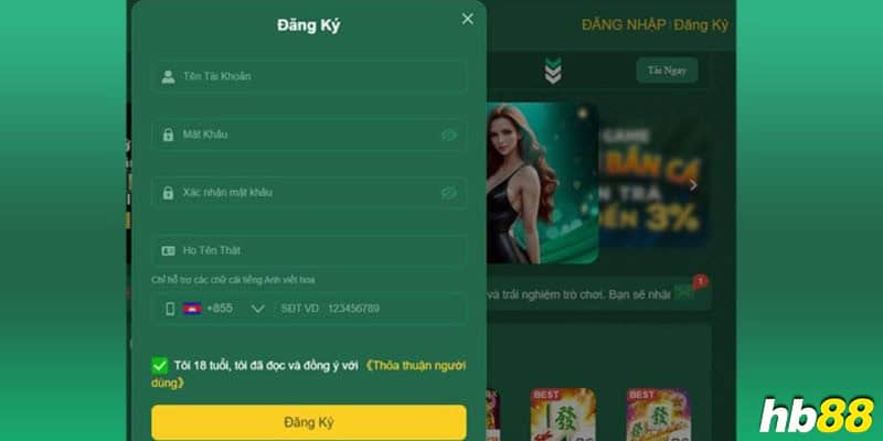 Giao diện đăng ký tài khoản HB88